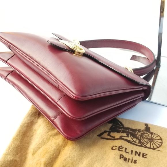 CELINE Vintage Rare Horse Carriage Burgundy Red Leather Top handle Classic Purse - Picture 11 of 16